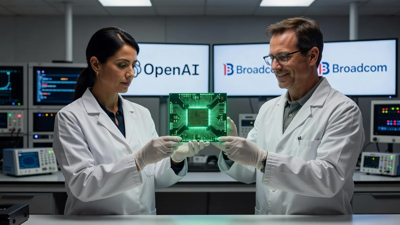 Photorealistic image of engineers presenting the Jalapeño AI chip in a lab setting with company logos.