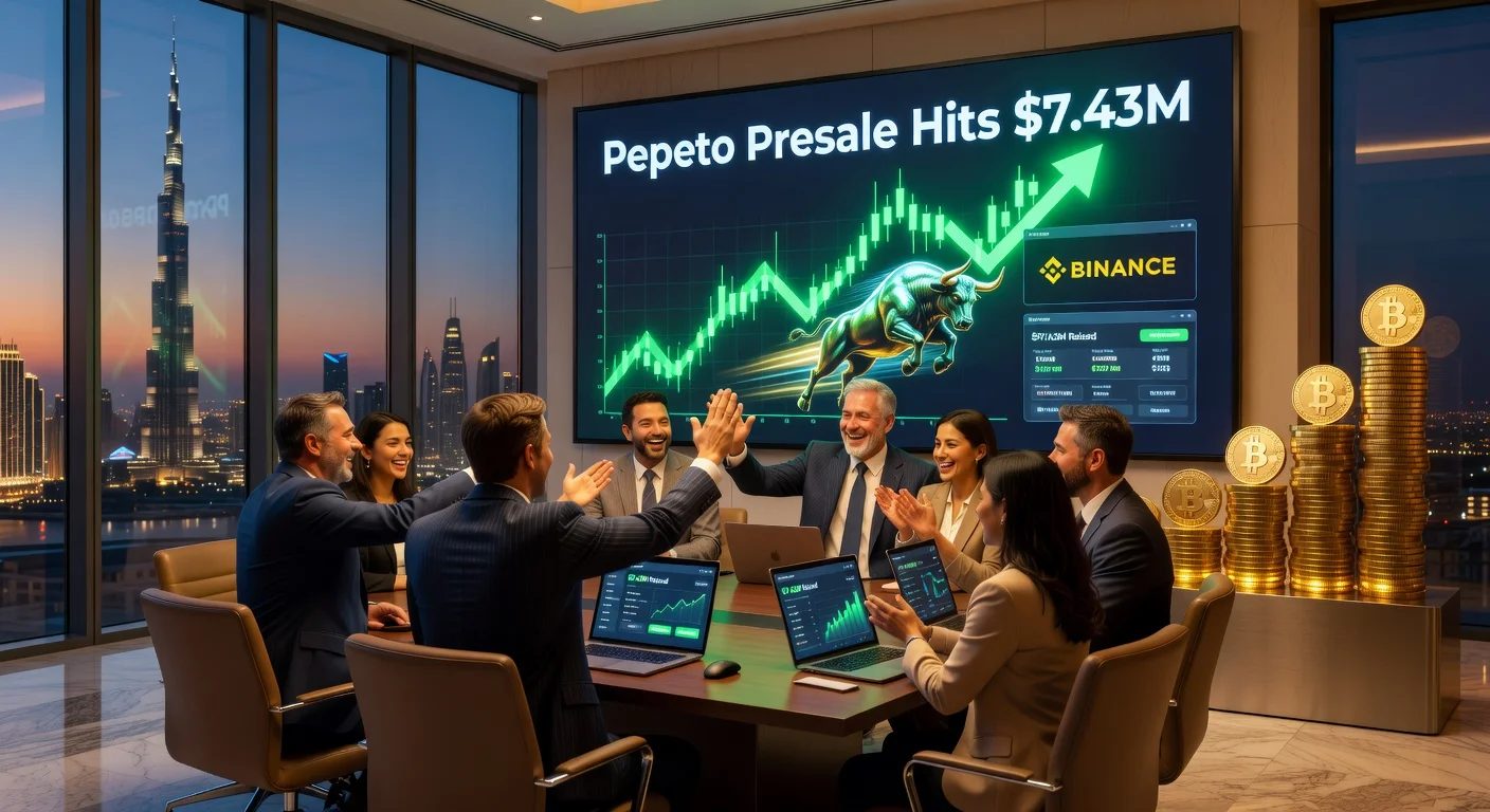 Illustration of Pepeto's $7.43M presale milestone in a Dubai office, featuring crypto charts, bull run symbols, and Burj Khalifa view.