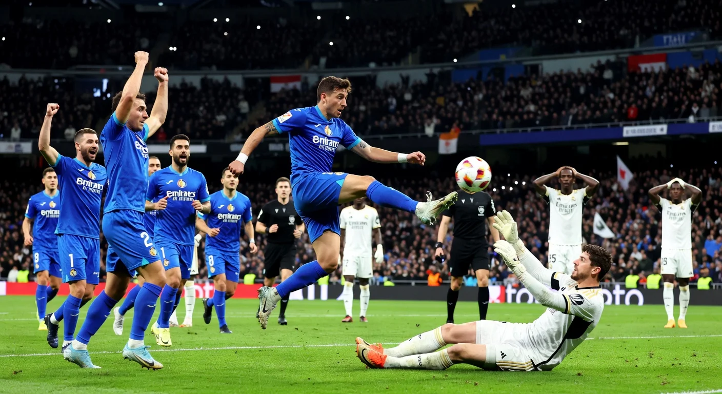 Getafe's Martin Satriano scores decisive volley in 1-0 La Liga upset over Real Madrid at Bernabéu stadium.