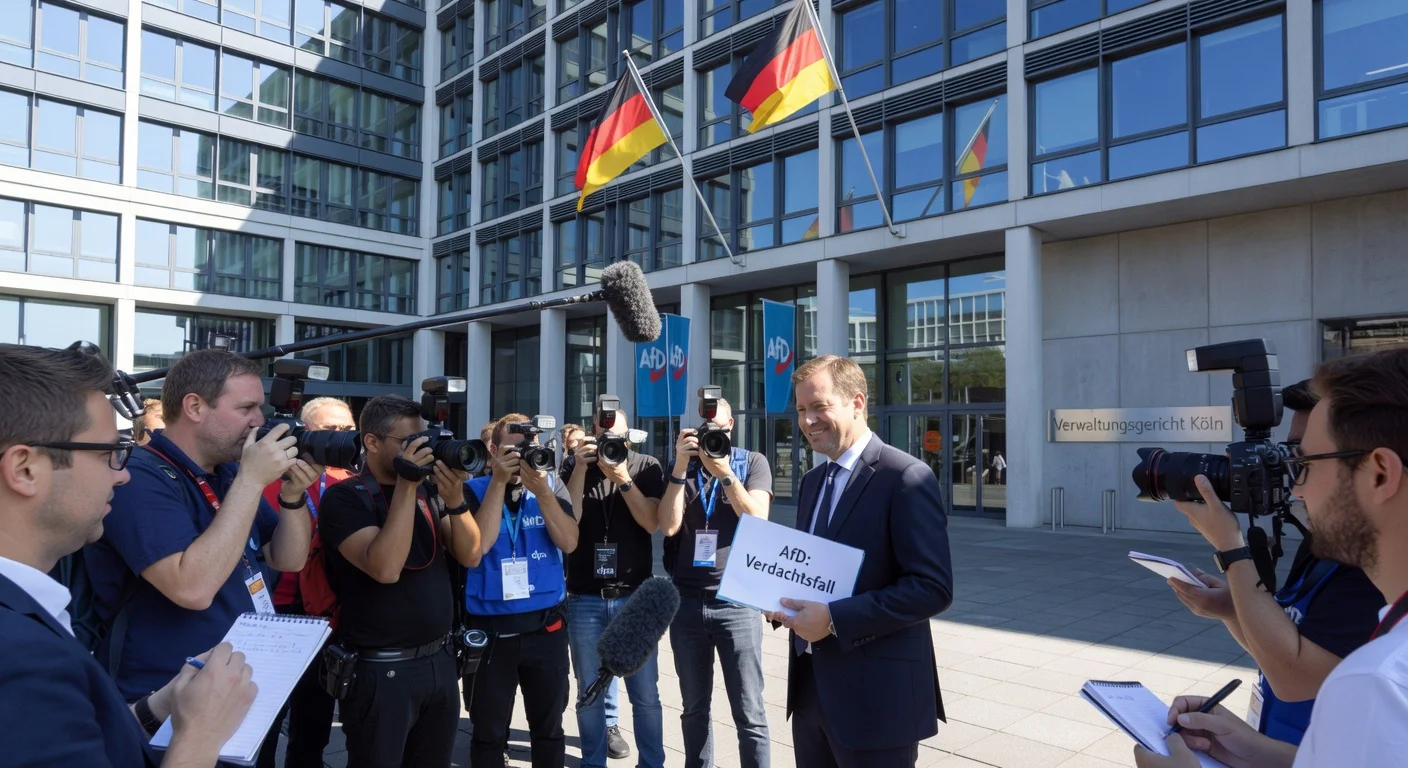 News illustration: Journalists interview AfD representative outside Cologne Administrative Court after ruling that AfD remains a suspected but not confirmed right-wing extremist group.
