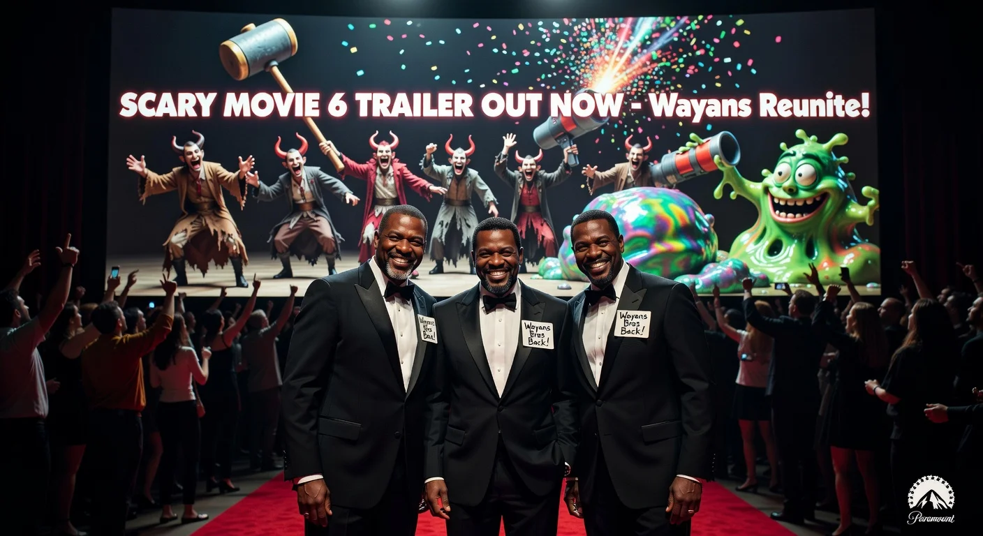 Wayans brothers reunited for Scary Movie 6 trailer, spoofing recent horror hits in a vibrant promotional poster-style illustration.