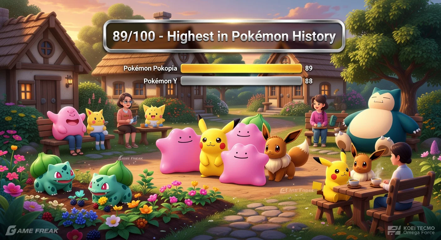 Illustration of Pokémon Pokopia's record-breaking Metacritic score, featuring cozy Ditto gameplay and a top-score badge.