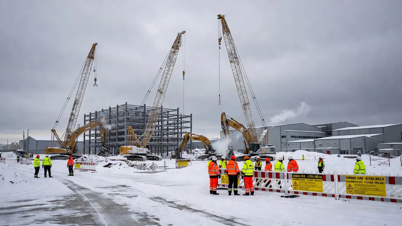 Paused construction at SSAB steel plant in Luleå due to detected hydrogen cyanide, showing idle machinery and workers on a snowy site.