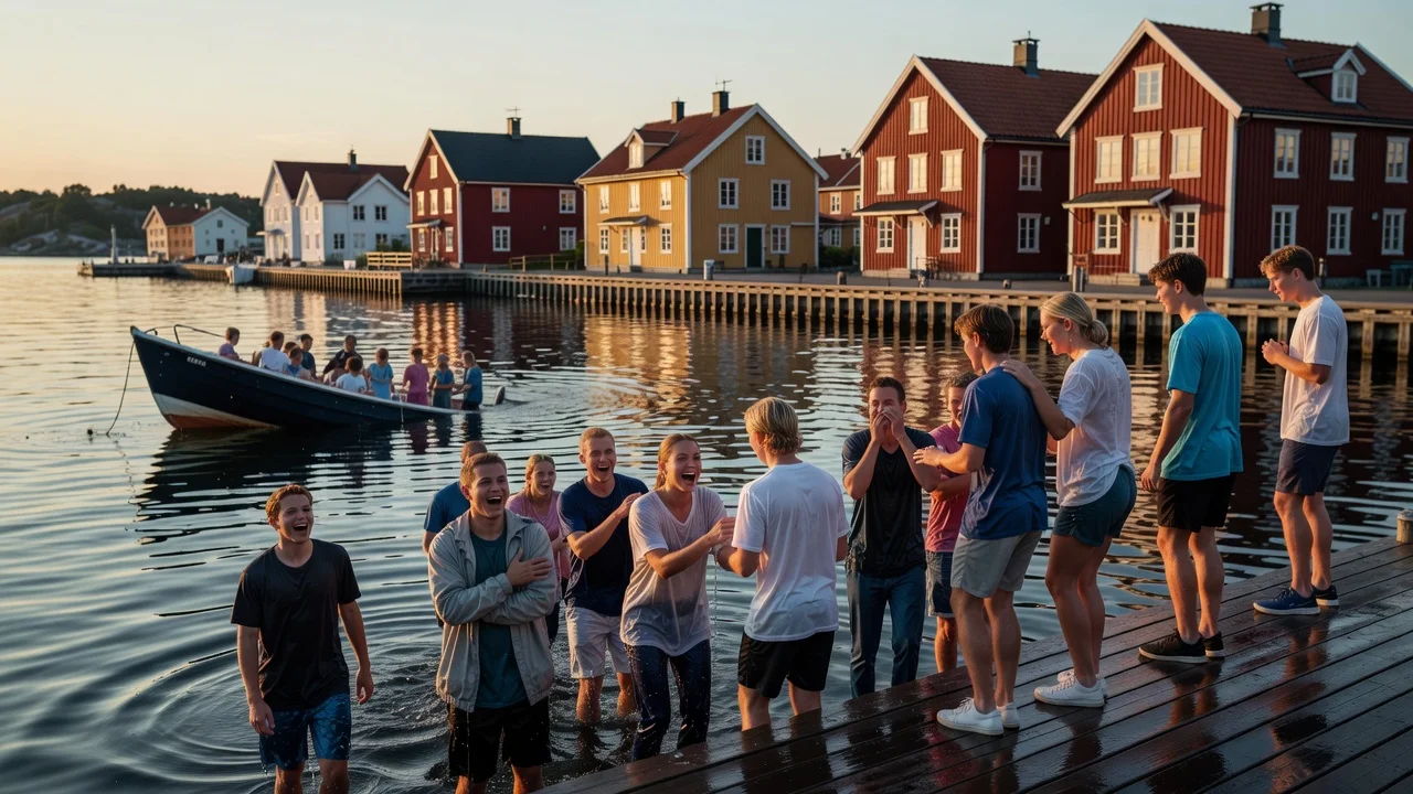 A realistic illustration of youths safely exiting a capsized boat in Smögen harbor.