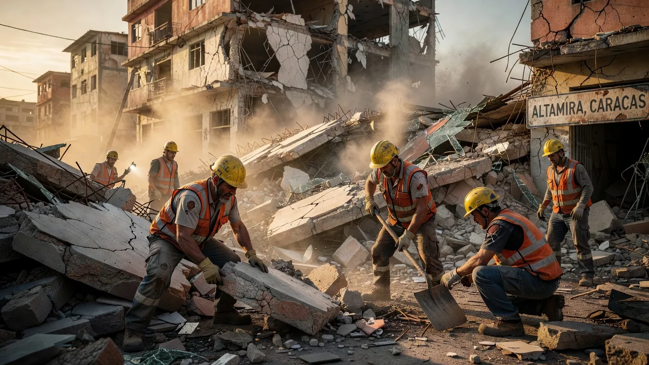 Rescue teams searching for survivors in earthquake rubble in Caracas.