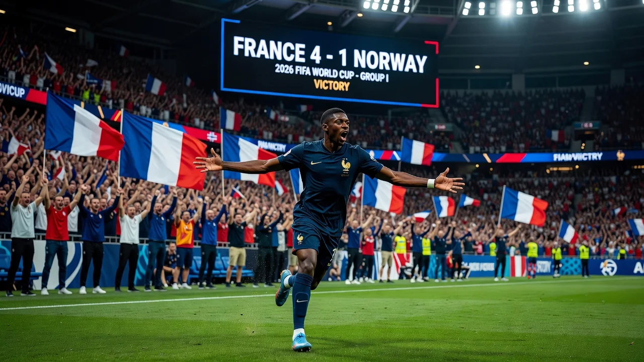 Ousmane Dembélé celebrating after scoring a hat-trick in France's 4-1 victory against Norway at the 2026 World Cup.