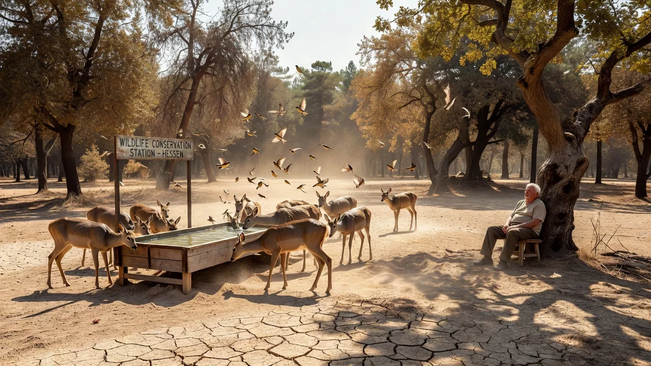 A realistic illustration of a heatwave affecting wildlife and the elderly in Germany, featuring animals at water stations and an exhausted senior in a dry forest.