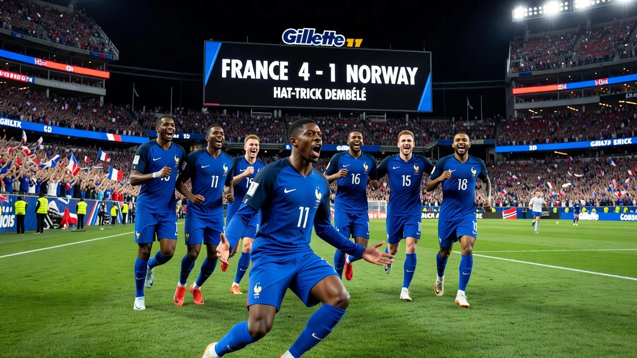 France's Ousmane Dembélé celebrating a goal in a 4-1 win against Norway.