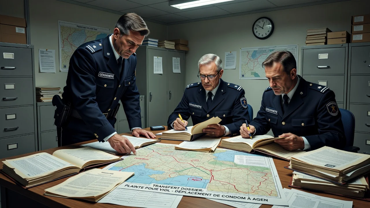 Illustration of French gendarmes handling transferred investigation files in Agen for a news story on a rape complaint.