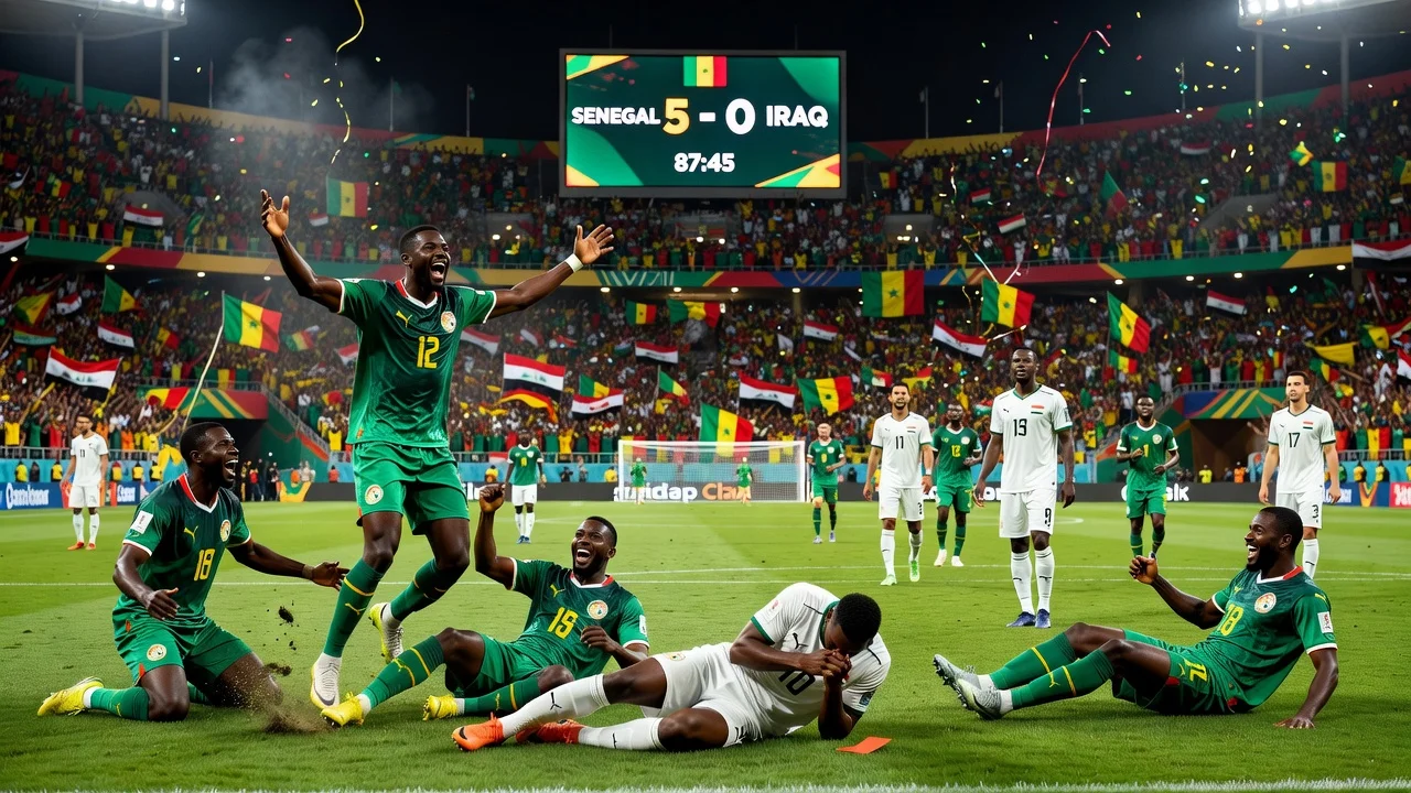 Senegal players celebrating a 5-0 win against Iraq in the 2026 World Cup soccer match.
