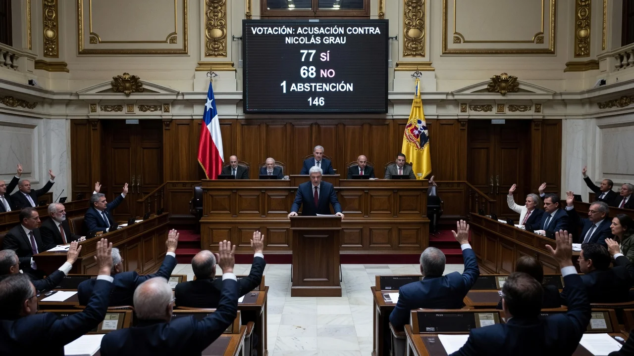 Deputies voting in Chilean parliament on accusation against Nicolás Grau, with vote results displayed.