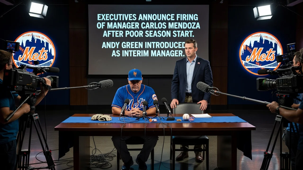 Illustration of Mets dismissing manager Carlos Mendoza with Andy Green as interim at a press conference.