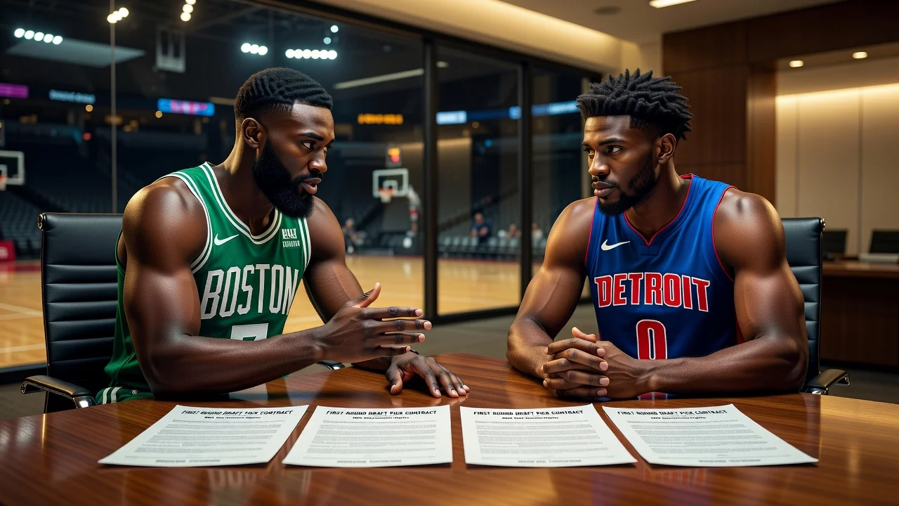 Illustration of Jaylen Brown trade deal between Celtics and Pistons for draft picks.