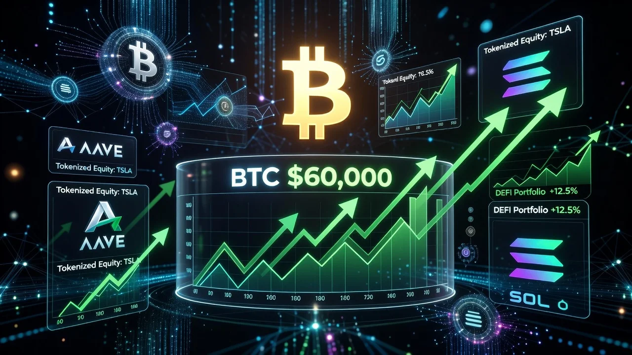 Illustration of cryptocurrency prices rebounding with Bitcoin, Aave, and Solana tokens.