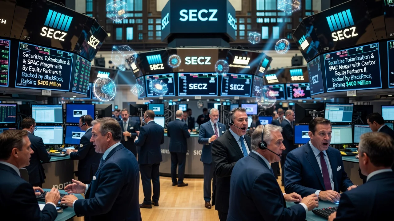 Illustration of NYSE trading floor with SECZ ticker and blockchain symbols for Securitize news article.