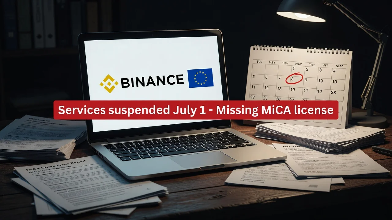 A photorealistic image showing a laptop with Binance interface and suspension notices related to EU regulations.