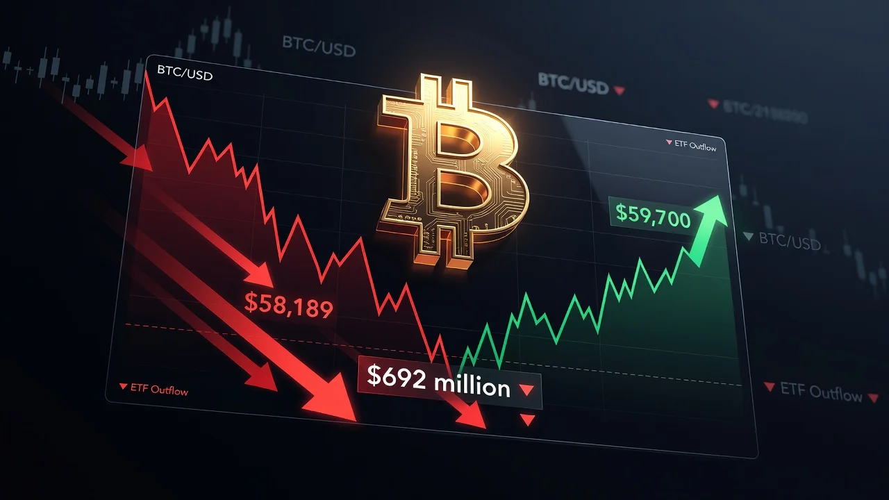 Illustration of Bitcoin price testing $59,000 amid ETF outflows for a news article.