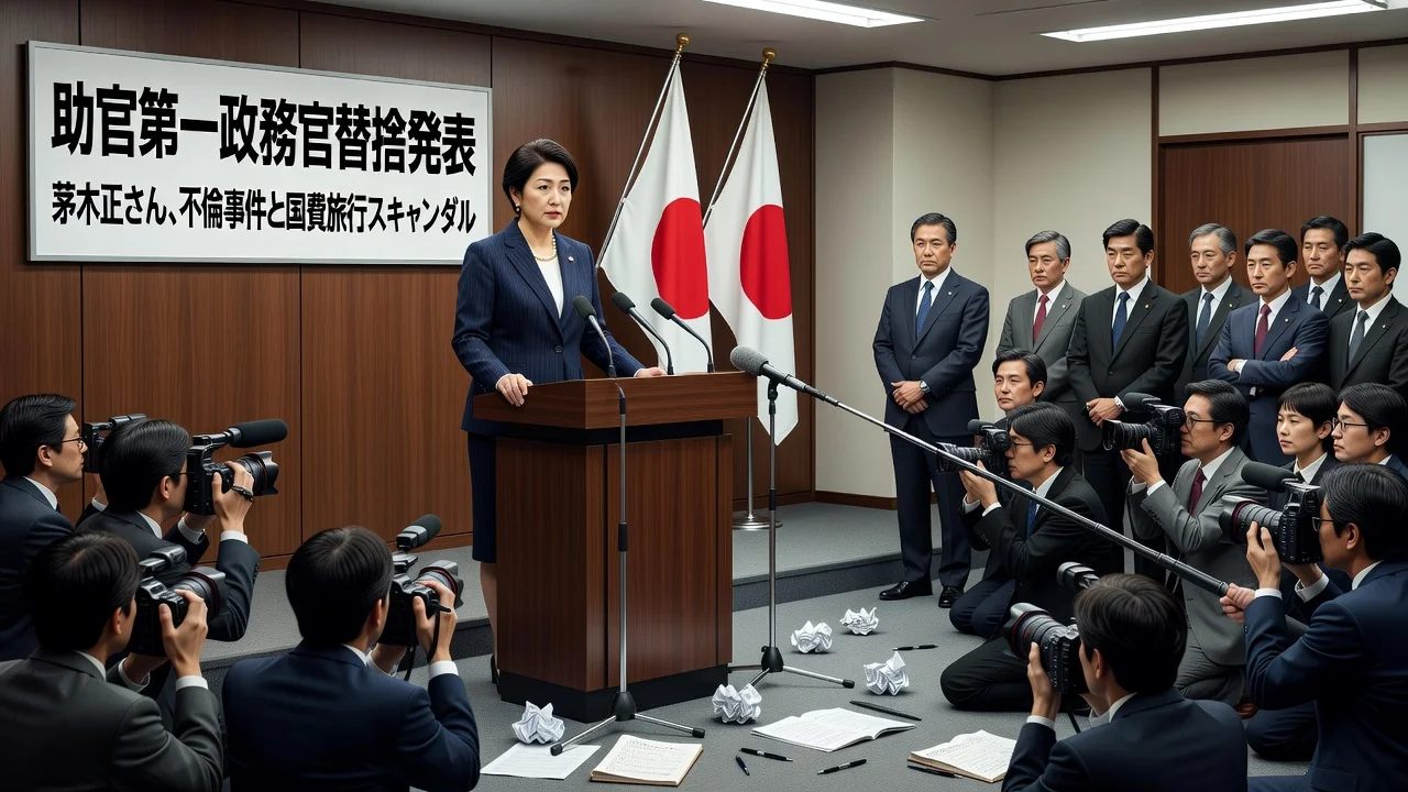 Prime Minister Sanae Takaichi announcing the replacement of her aide over an affair scandal in a formal government setting.
