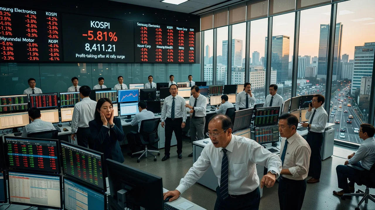 Illustration of South Korean stocks tumbling on the KOSPI index after AI rallies, showing traders reacting to market decline.