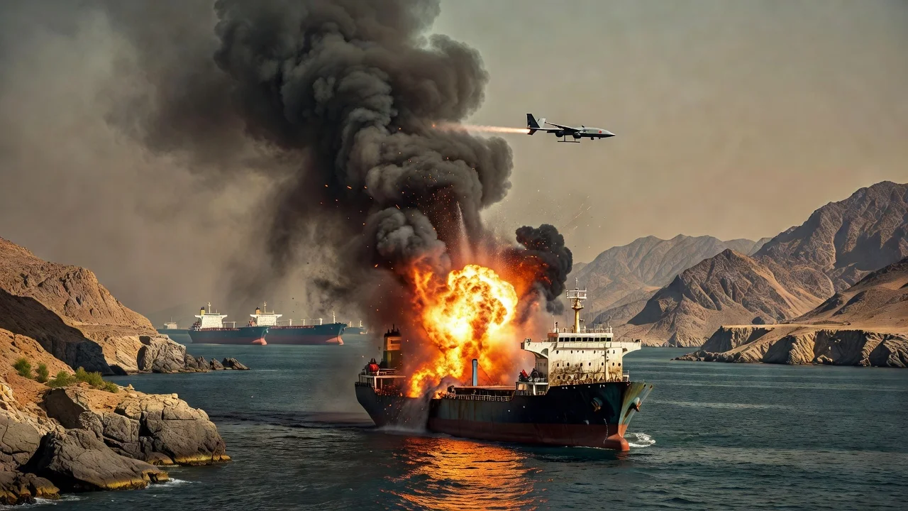 Illustration of a drone attack on a merchant ship in the Strait of Hormuz with smoke and other tankers visible.