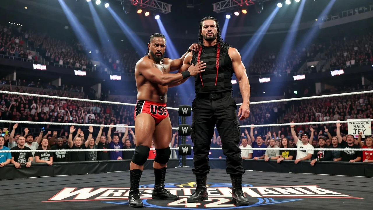 Jey Uso reuniting with Roman Reigns in the wrestling ring as a family matter with The Bloodline.