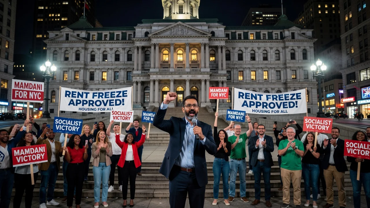 Celebration of socialist candidates' primary victory in New York with rent freeze approval.