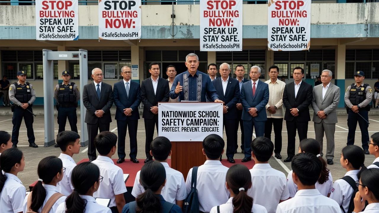 Education Secretary announcing school safety campaign at Tacloban high school