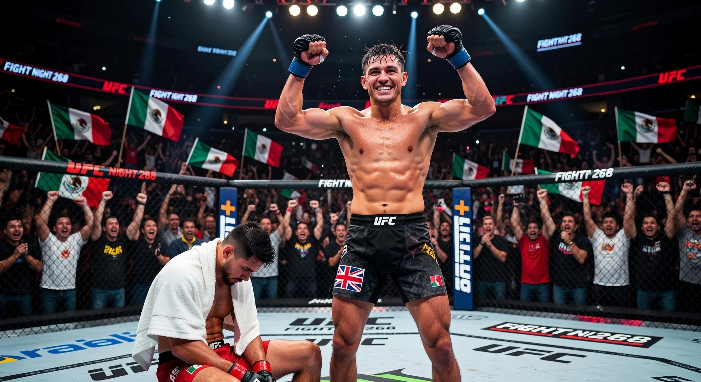 Lone'er Kavanagh raises fists in victory after upsetting Brandon Moreno by unanimous decision in UFC Fight Night 268 main event at Mexico City arena.