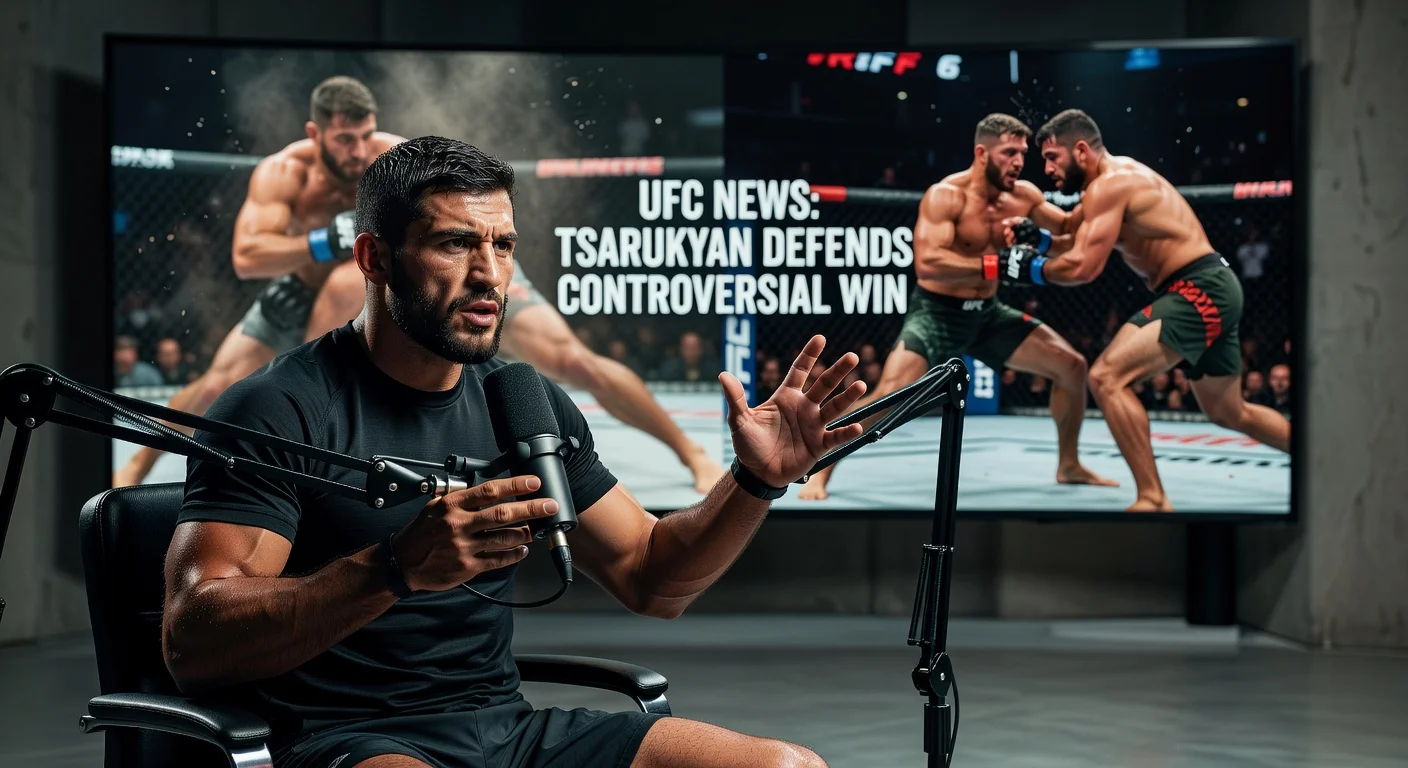 UFC fighter Arman Tsarukyan passionately defends RAF 6 brawl in Ariel Helwani interview, with fight scenes in background.