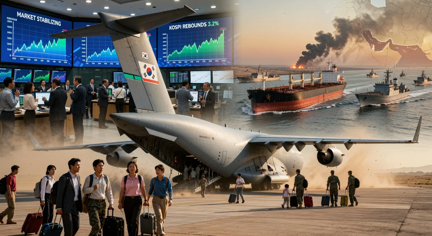 South Korean evacuations from Middle East amid crisis, with market stabilization and oil security efforts illustrated realistically.