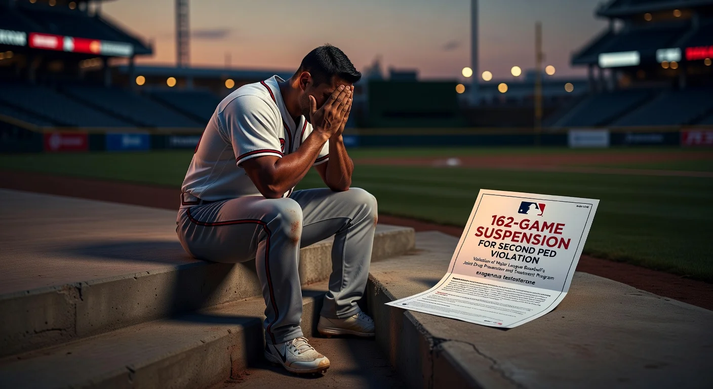  somber illustration of Atlanta Braves' Jurickson Profar in dugout with MLB 162-game PED suspension notice.