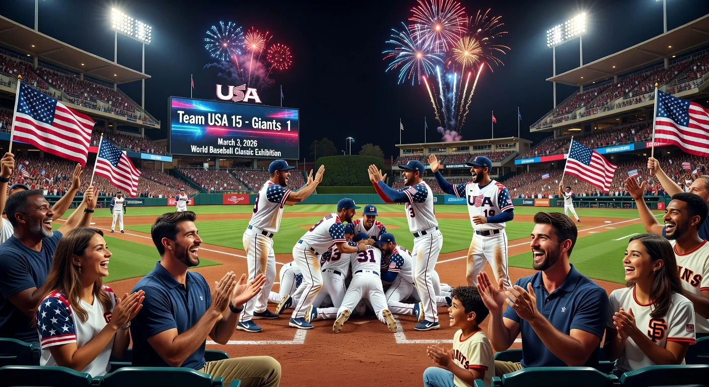 Team USA celebrates 15-1 rout of Giants in WBC exhibition at Scottsdale Stadium, Michael Phelps attends with family.