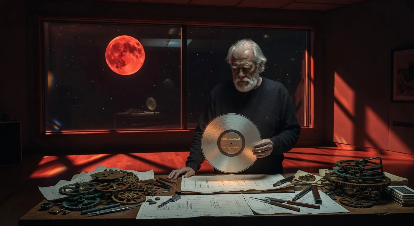 Peter Gabriel in his studio under a blood moon, holding his new single 'What Lies Ahead' amid inventive tools.
