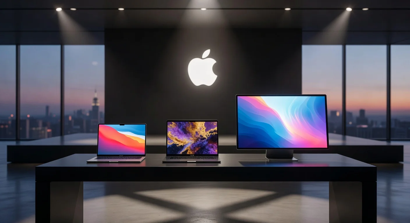 Illustration of Apple's M5 MacBook Air, Pro, and updated Studio Display announcement on a NYC event stage.