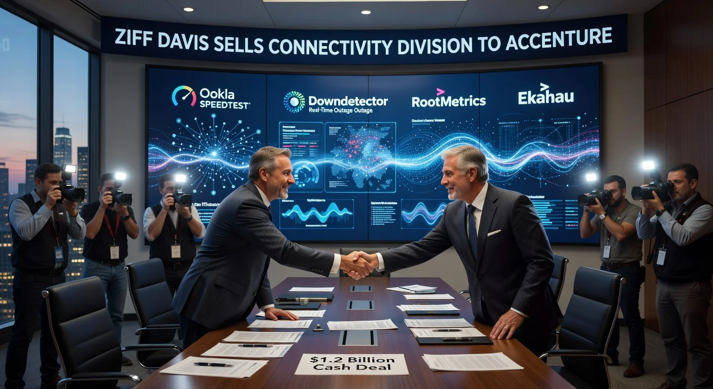 Executives from Ziff Davis and Accenture shake hands sealing $1.2B deal for connectivity brands like Speedtest and Downdetector, with tech visuals in background.