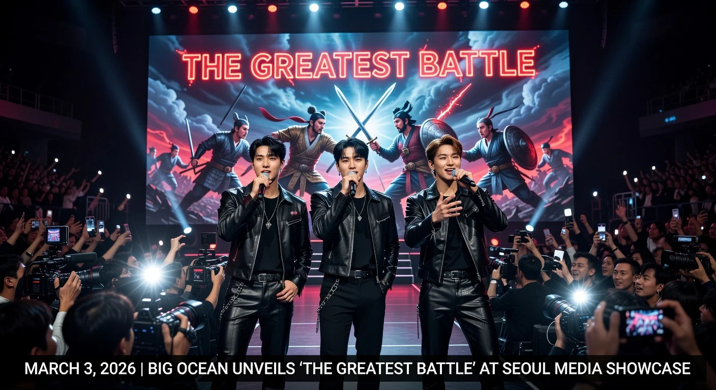 Big Ocean, the deaf K-pop group, performs at Seoul showcase for new EP 'The Greatest Battle', with members PJ, Chanyeon, and Jiseok on stage amid flashing lights.