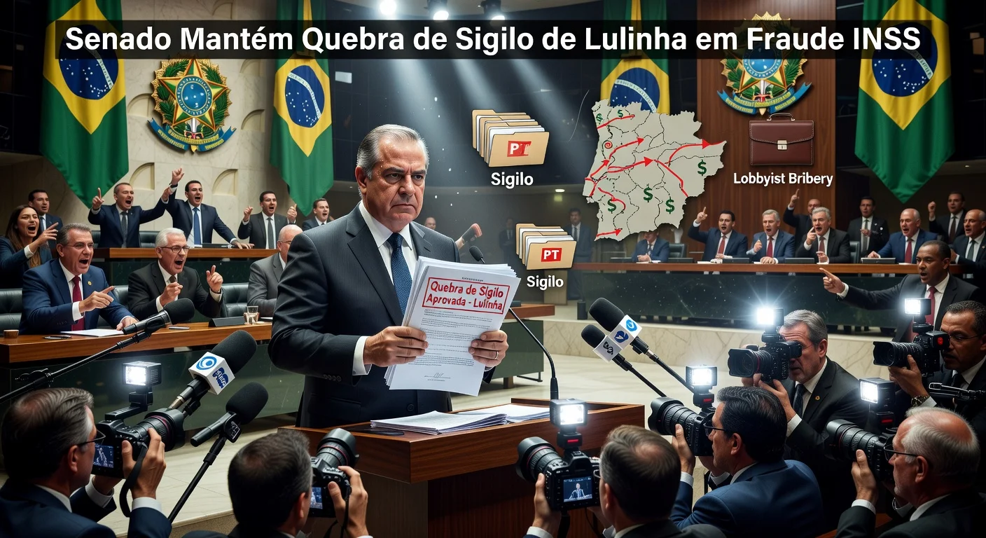 Dramatic illustration of Brazilian Senate President Davi Alcolumbre upholding Lulinha's bank secrecy break in INSS fraud investigation amid new bribery allegations.