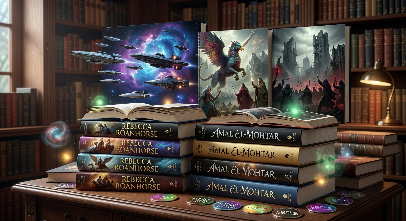 Illustration of upcoming March 2026 sci-fi and fantasy books by authors like Rebecca Roanhorse and Amal El-Mohtar, featuring space operas, monsters, immortality, and mythology.