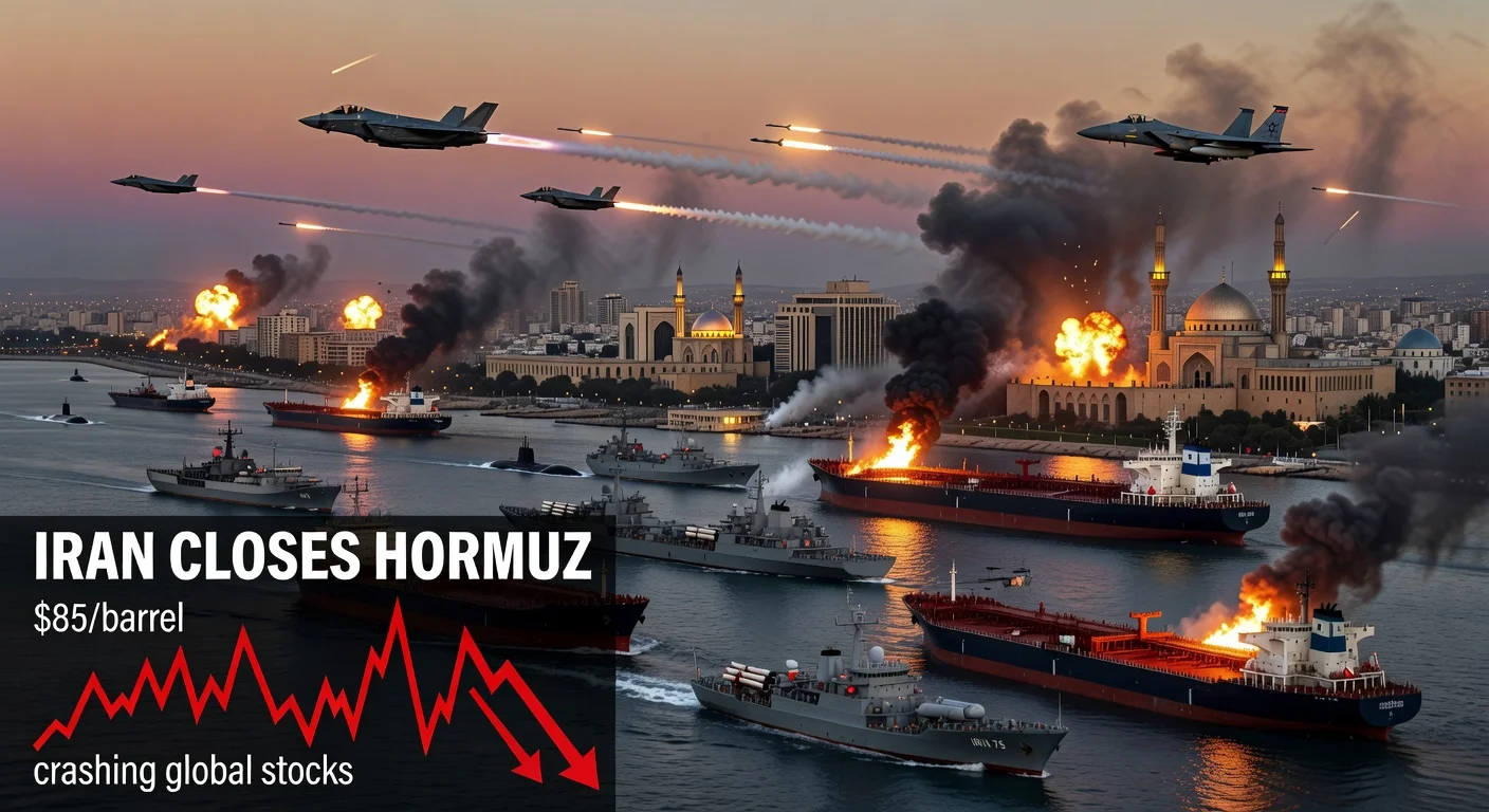 Illustration depicting Iranian blockade of Strait of Hormuz, US-Israeli airstrikes on Tehran, and surging oil prices amid escalating conflict.
