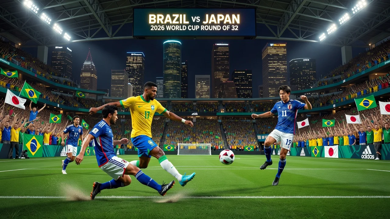 Brazil versus Japan soccer match at NRG Stadium during the 2026 World Cup round of 32 in Houston.