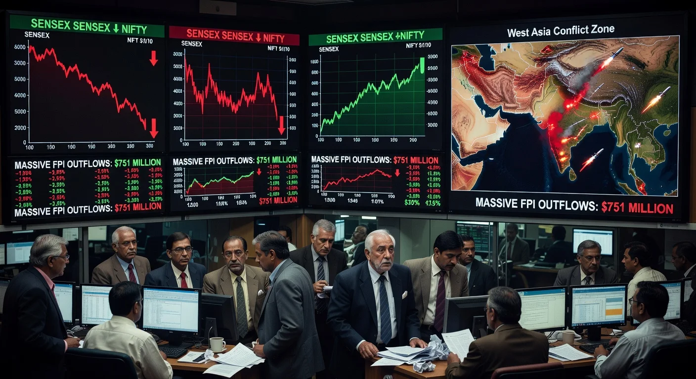 Anxious traders at Bombay Stock Exchange watch falling Indian stocks and rising oil prices amid Middle East tensions.