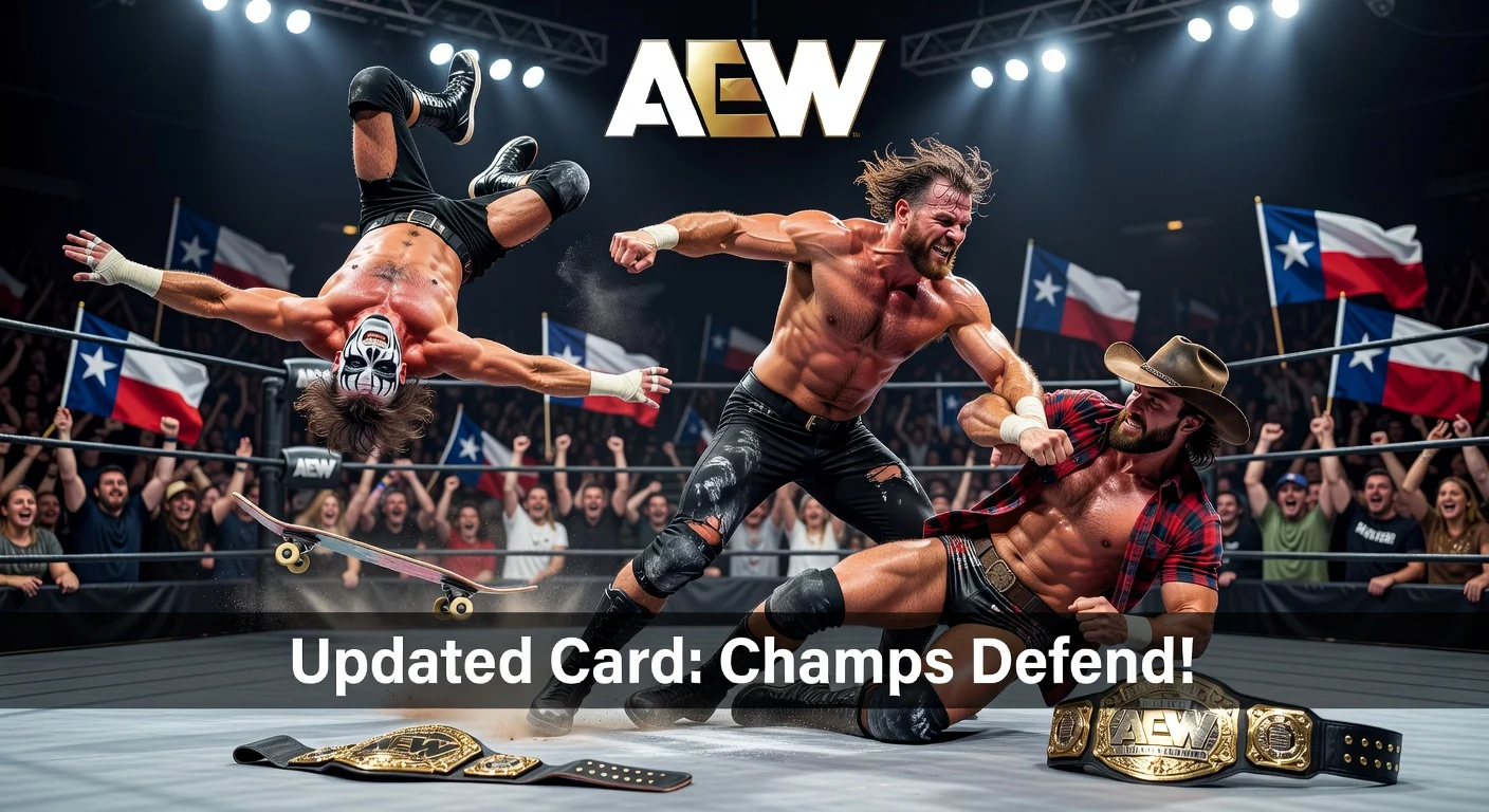 Dynamic illustration of AEW wrestlers Jon Moxley, Darby Allin, and Adam Page in action promoting the updated March 4 Dynamite lineup in El Paso.