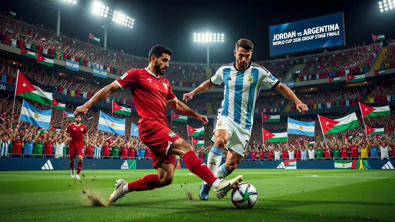 A realistic depiction of a soccer match between Jordan and Argentina at the 2026 World Cup.