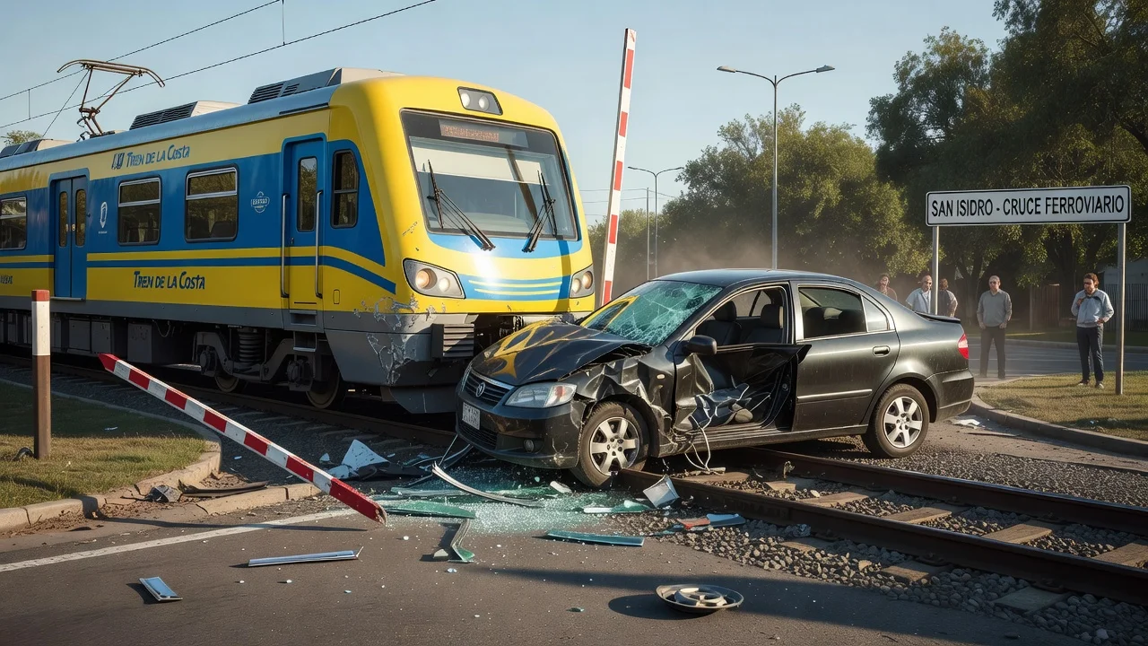Illustration of a train accident at a railway crossing in San Isidro involving the Tren de la Costa train.