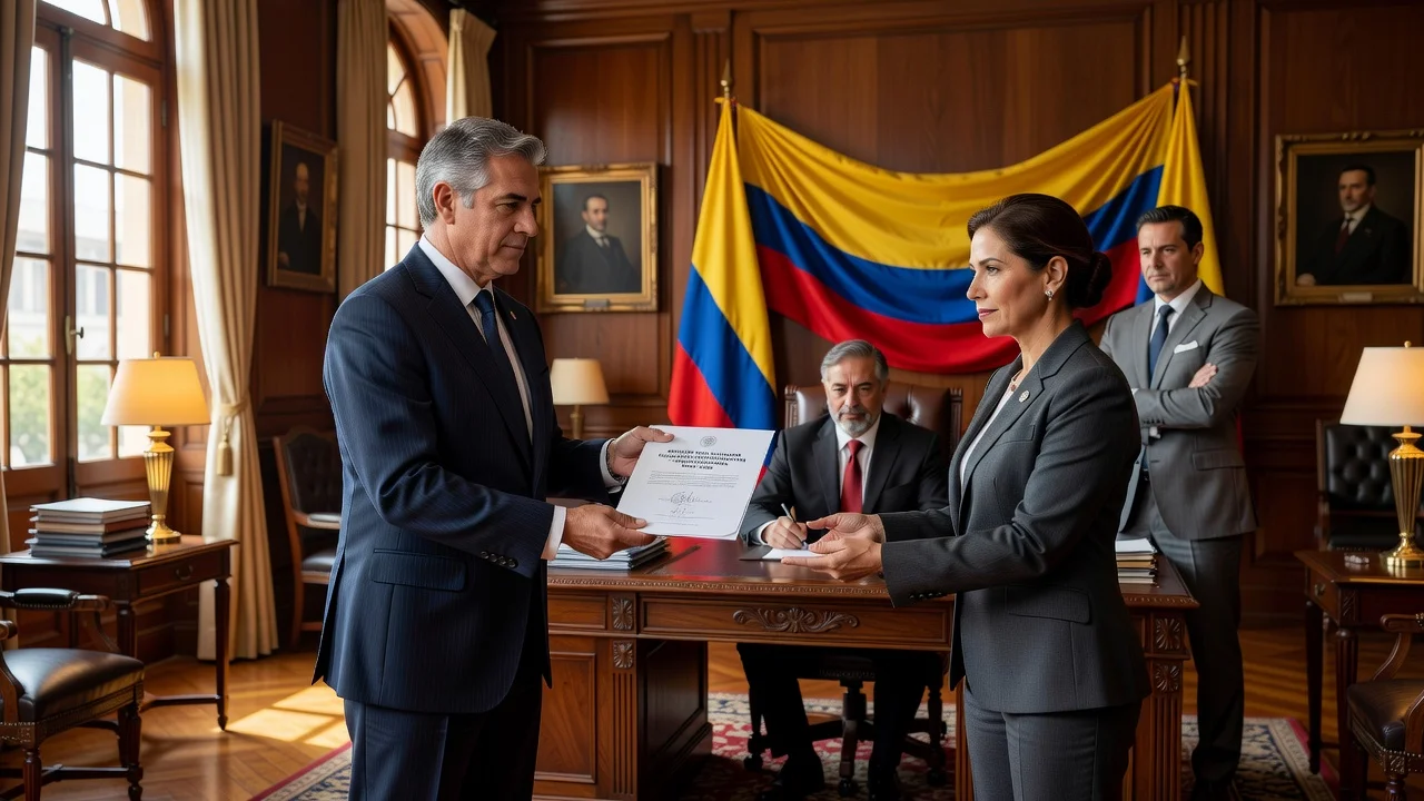 Realistic illustration of Colombian officials in a formal meeting during government transition, discussing halt on diplomatic appointments.