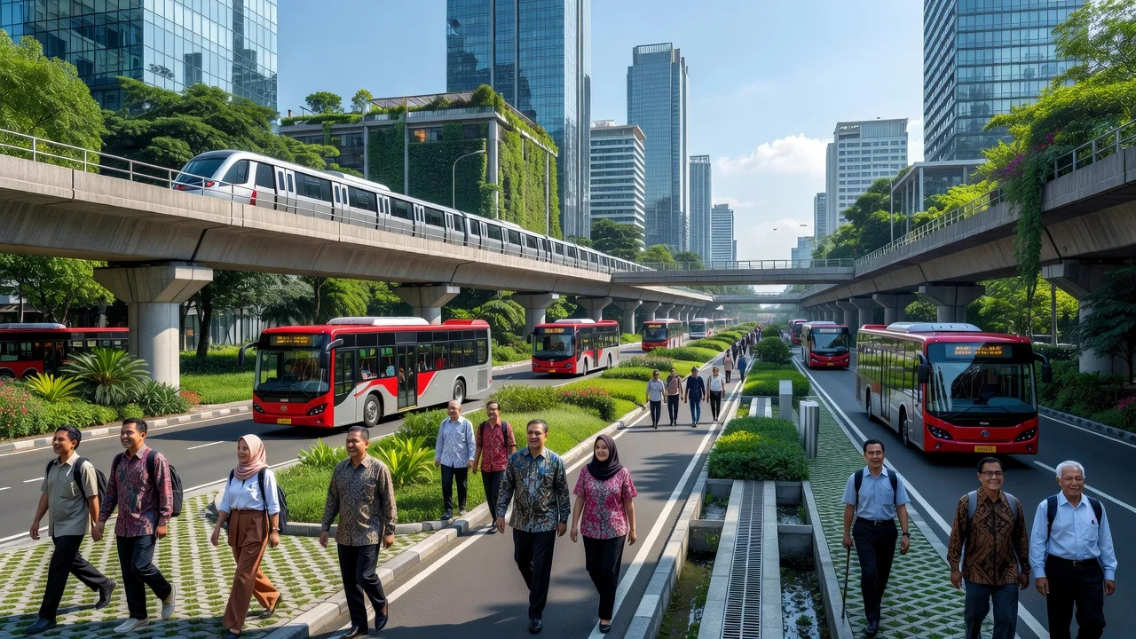 Illustration of Jakarta's improved transport and flood control under Governor Pramono Anung's leadership.