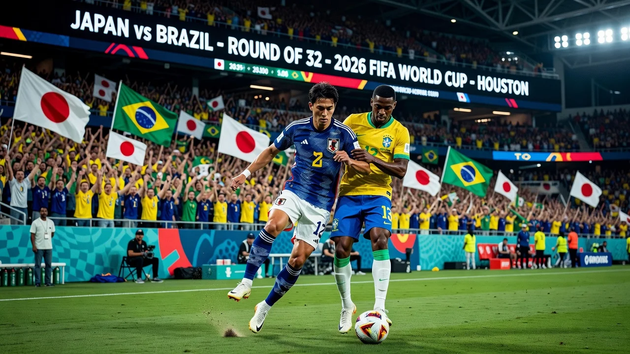 Illustration of Japan facing Brazil in the World Cup round of 32 in Houston stadium.