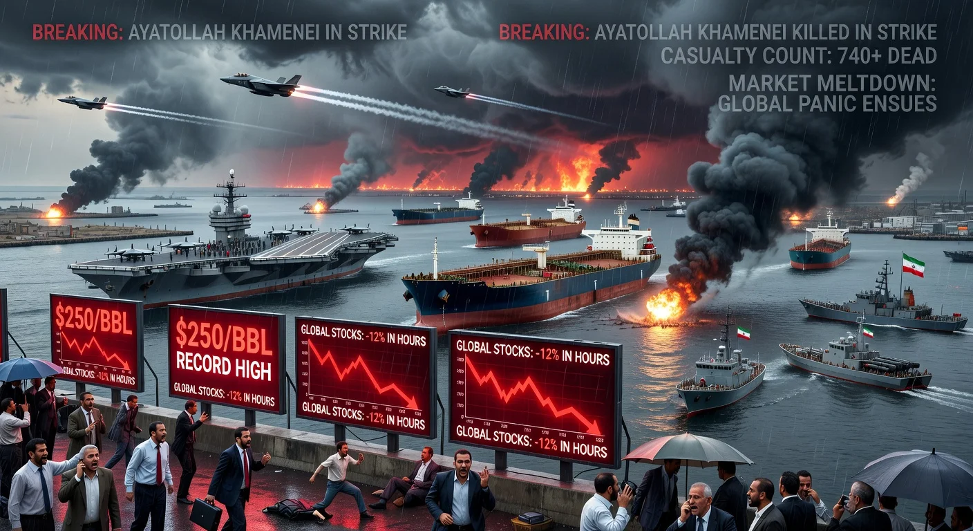Dramatic photo of Strait of Hormuz blockade with warships, smoke from strikes, surging oil prices on screens, and crashing stock markets amid Middle East conflict.