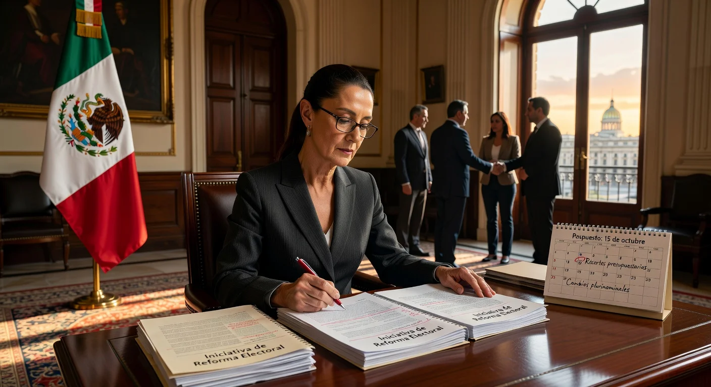 President Claudia Sheinbaum reviews electoral reform documents at her desk, delaying submission to Congress while consulting allies.