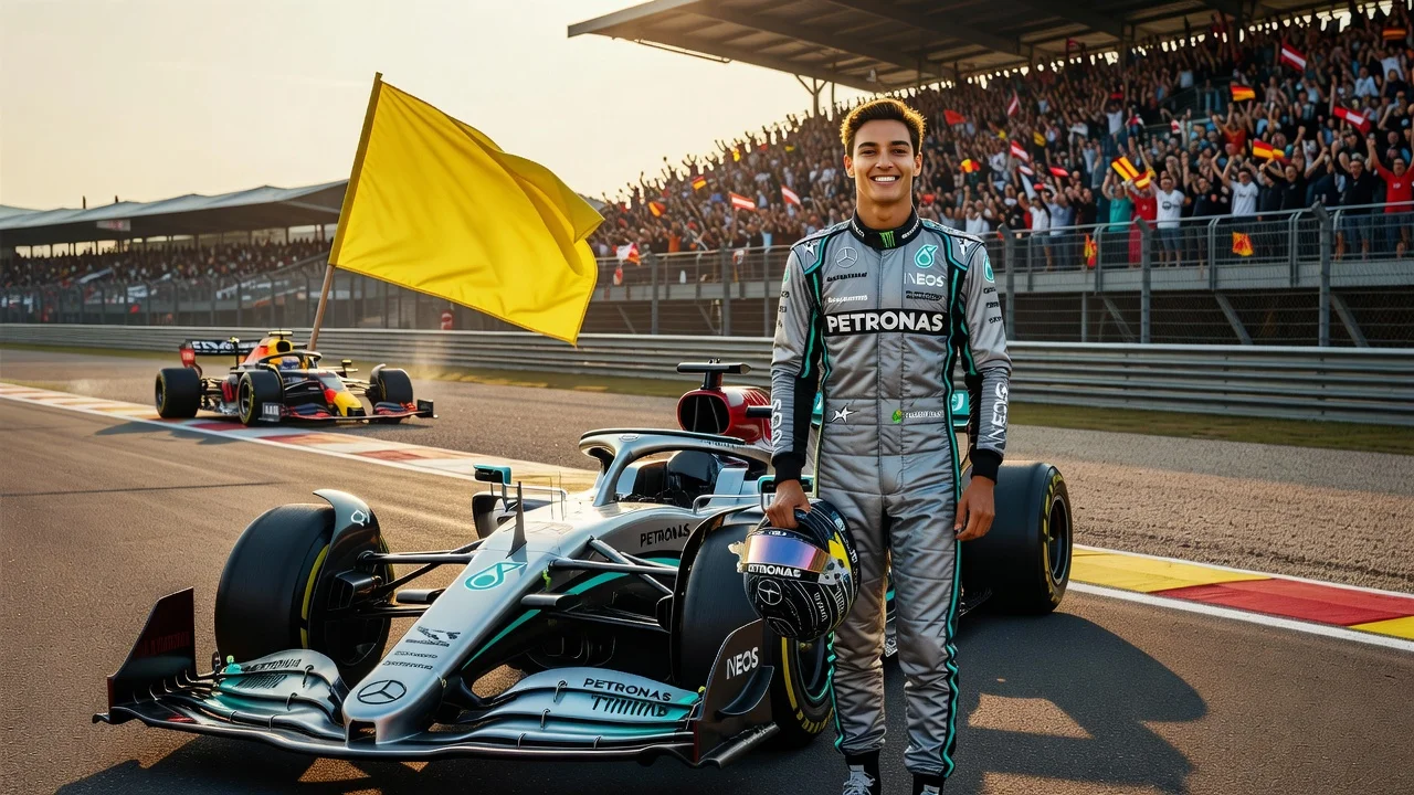 George Russell celebrating his pole position for the Austrian GP after the yellow flag incident involving Max Verstappen.